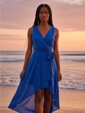 Chaps Cobalt Blue High-Low Wrap Dress with Tie